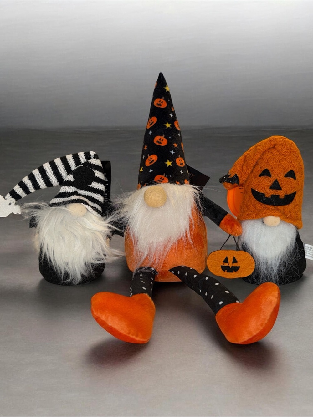 Halloween 3 piece Pumpkin Gnomes Plush Decor.